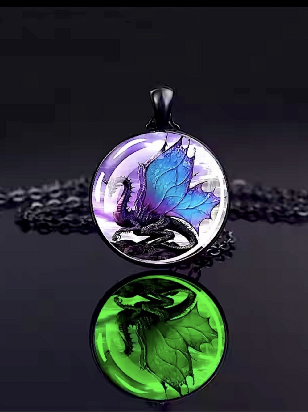 Dragon Necklace with Wings Unisex Black Chain Glow in the dark Pendant